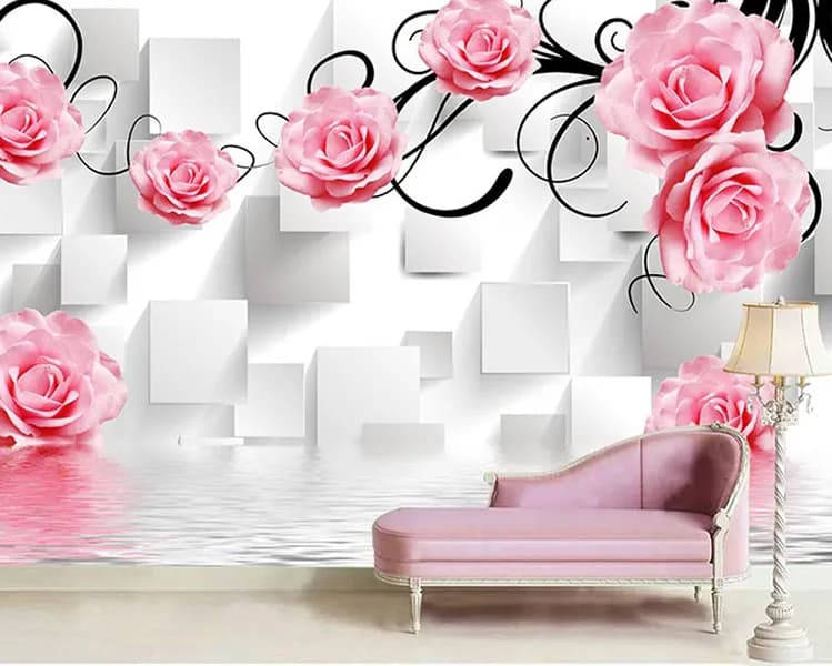 کاغذ دیواری سه بعدی طرح گل و مربع هندسی