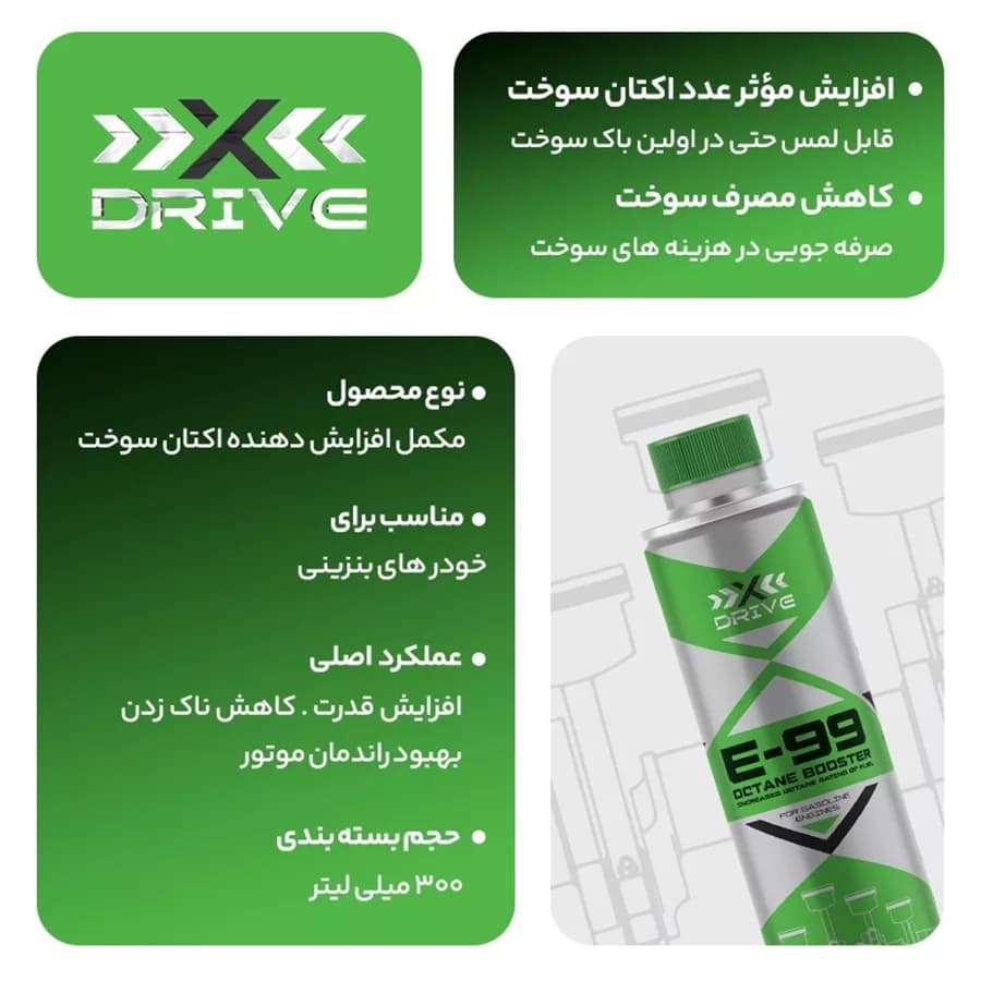 اکتان بوستر و مکمل سوخت خودرو بنزینی ایکس درایو مدل E99 حجم 300 میلی لیتر — تصویر ۲