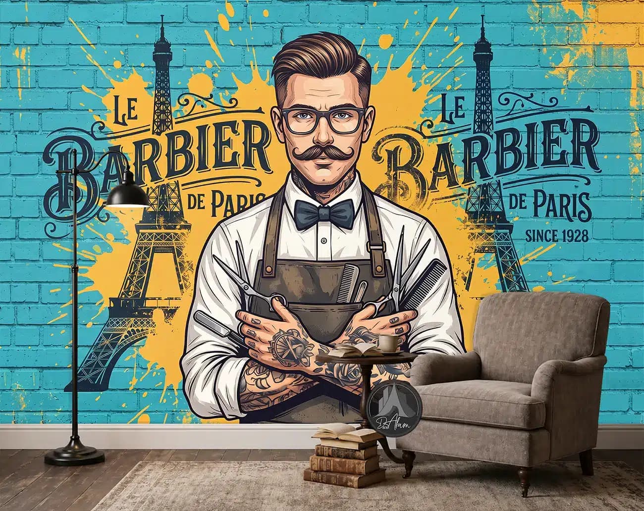 پوستر دیواری آرایشگاه مردانه با طرح آرایشگر و دیوار آجری کد DA-(7060) | دکور باربرشاپ — تصویر ۲