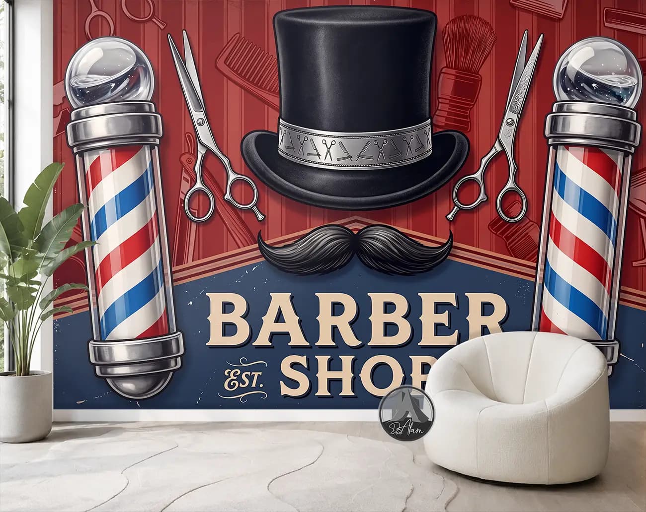 پوستر دیواری آرایشگاه مردانه با طرح باربرشاپ قرمز و نمادهای اصلاح کد DA-(7059) | دکور سالن — تصویر ۲