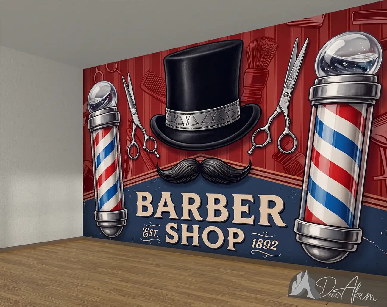 پوستر دیواری آرایشگاه مردانه با طرح باربرشاپ قرمز و نمادهای اصلاح کد DA-(7059) | دکور سالن — تصویر ۳