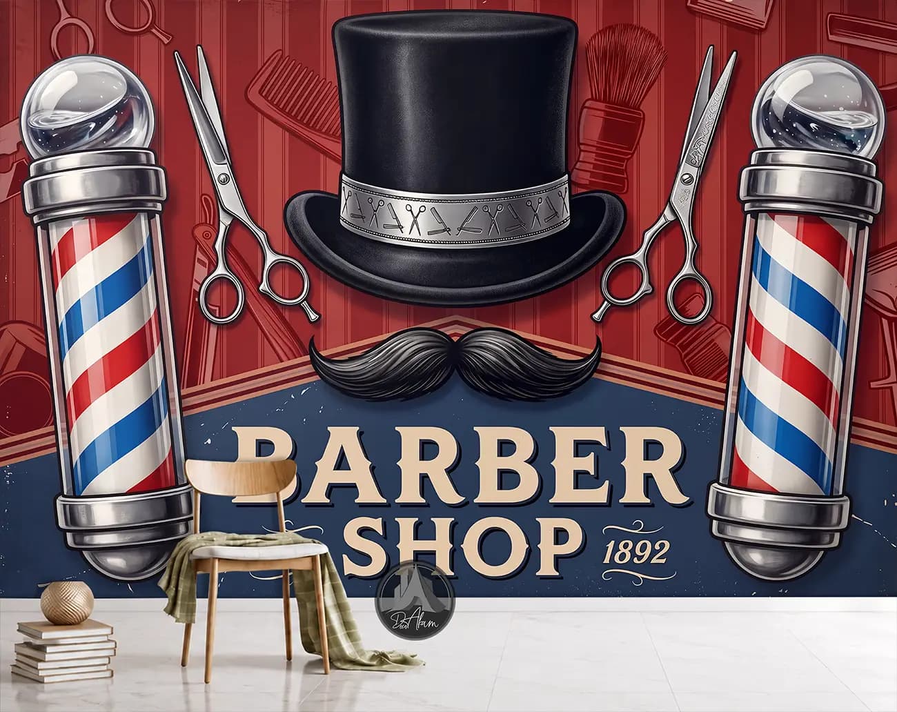 پوستر دیواری آرایشگاه مردانه با طرح باربرشاپ قرمز و نمادهای اصلاح کد DA-(7059) | دکور سالن — تصویر ۴