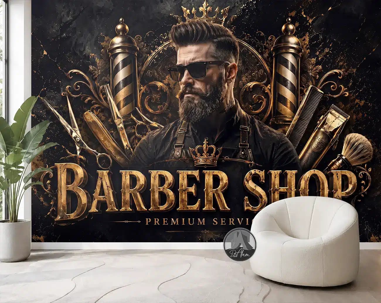 پوستر دیواری آرایشگر مردانه لوکس با ترکیب طلایی و فضای سلطنتی کد DA-(7044) | دکور سالن VIP — تصویر ۲