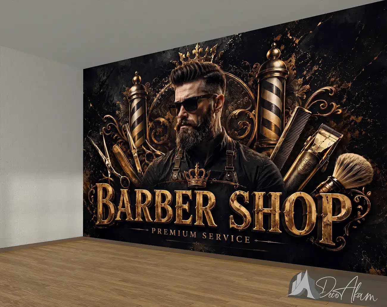پوستر دیواری آرایشگر مردانه لوکس با ترکیب طلایی و فضای سلطنتی کد DA-(7044) | دکور سالن VIP — تصویر ۵