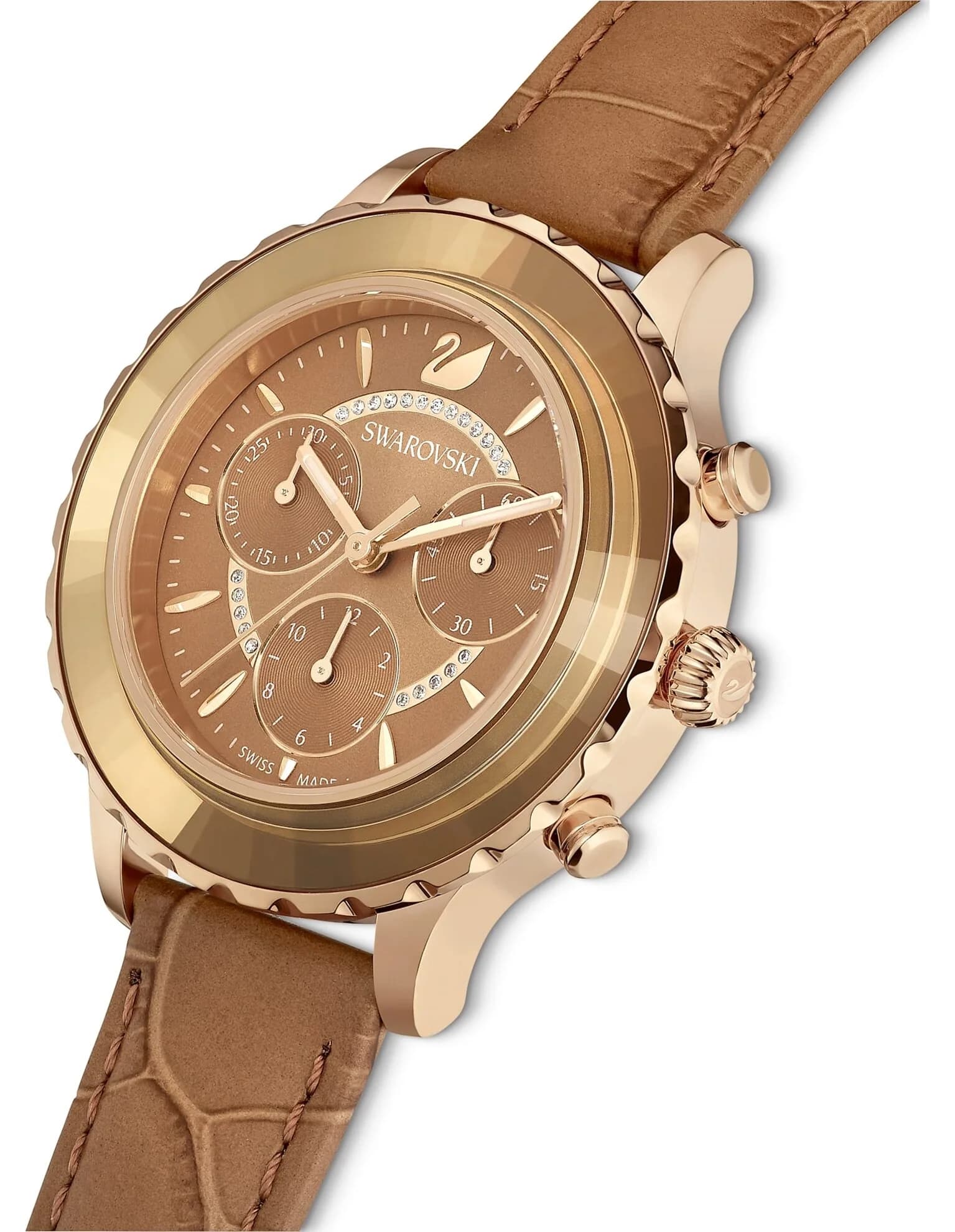 ساعت مچی قهوه ای چرم سوئیسی سواروسکی اورجینال Swarovski Octea Lux Chrono watch 5632260 — تصویر ۶