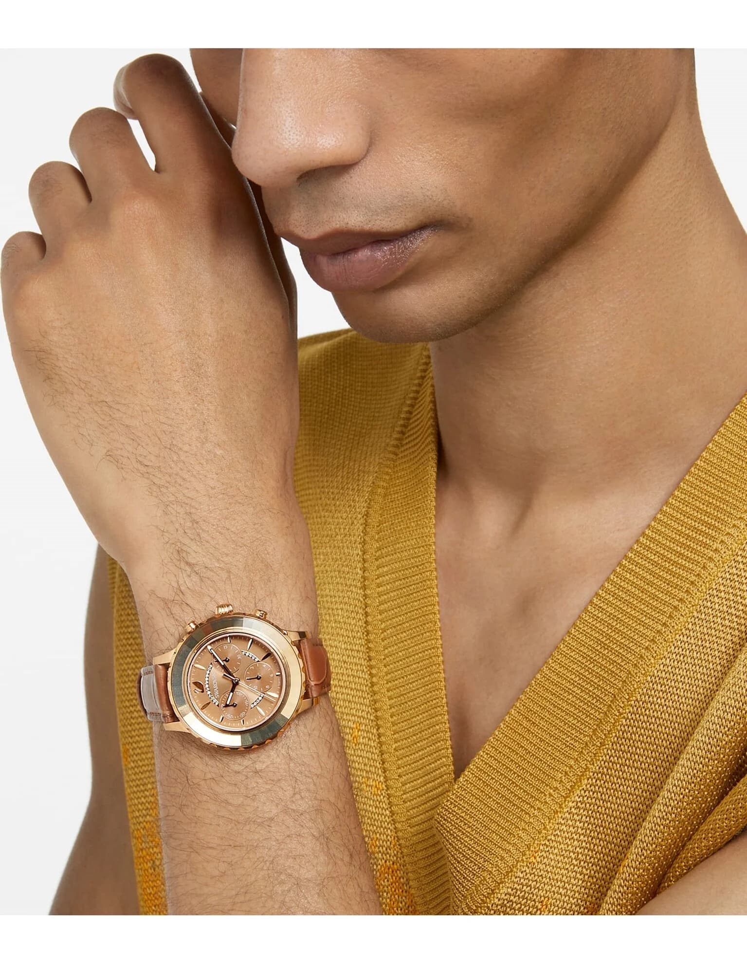 ساعت مچی قهوه ای چرم سوئیسی سواروسکی اورجینال Swarovski Octea Lux Chrono watch 5632260 — تصویر ۷