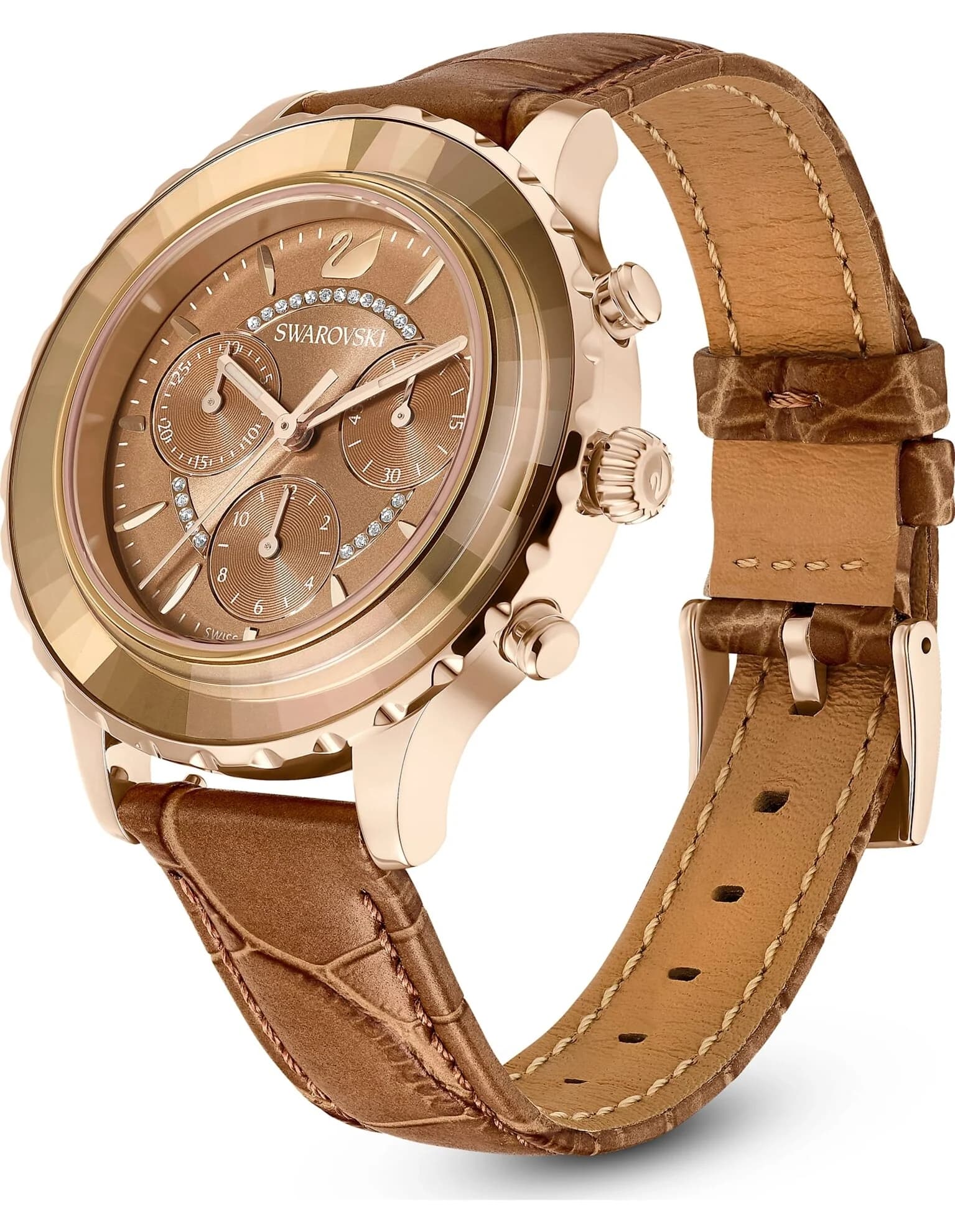 ساعت مچی قهوه ای چرم سوئیسی سواروسکی اورجینال Swarovski Octea Lux Chrono watch 5632260 — تصویر ۸