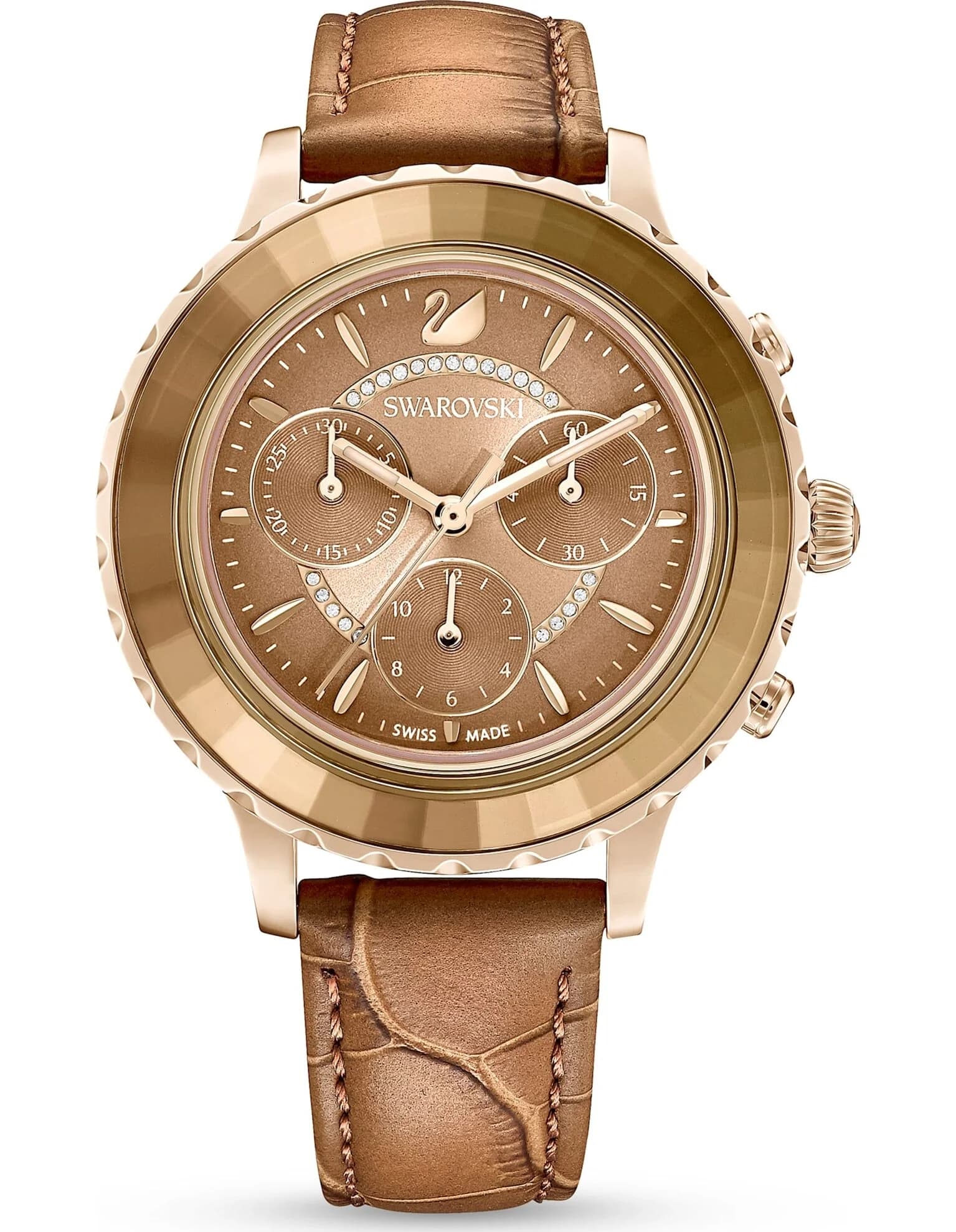 ساعت مچی قهوه ای چرم سوئیسی سواروسکی اورجینال Swarovski Octea Lux Chrono watch 5632260 — تصویر ۲