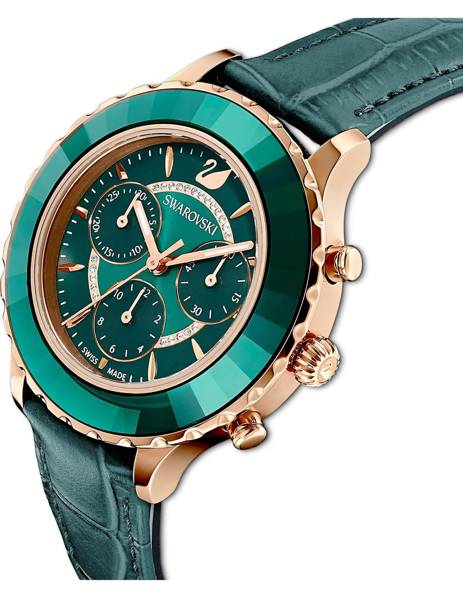 ساعت مچی سبز چرم سوئیسی سواروسکی اورجینال Swarovski Octea Lux Chrono watch 5452498 — تصویر ۵