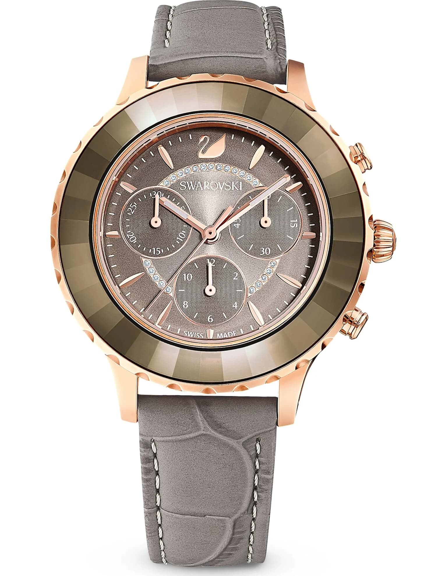 ساعت مچی طوسی چرم سوئیسی سواروسکی اورجینال Swarovski Octea Lux Chrono watch 5452495 — تصویر ۳