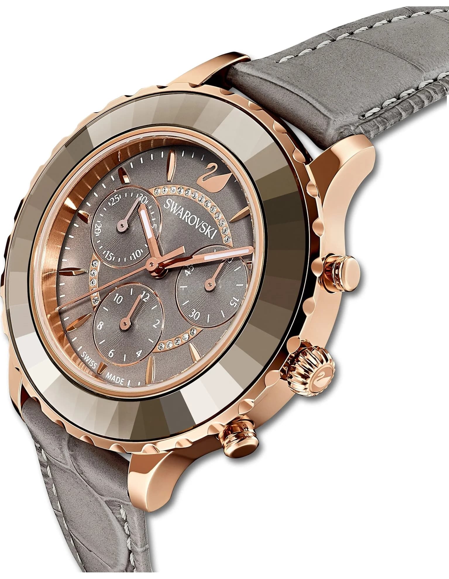ساعت مچی طوسی چرم سوئیسی سواروسکی اورجینال Swarovski Octea Lux Chrono watch 5452495 — تصویر ۵