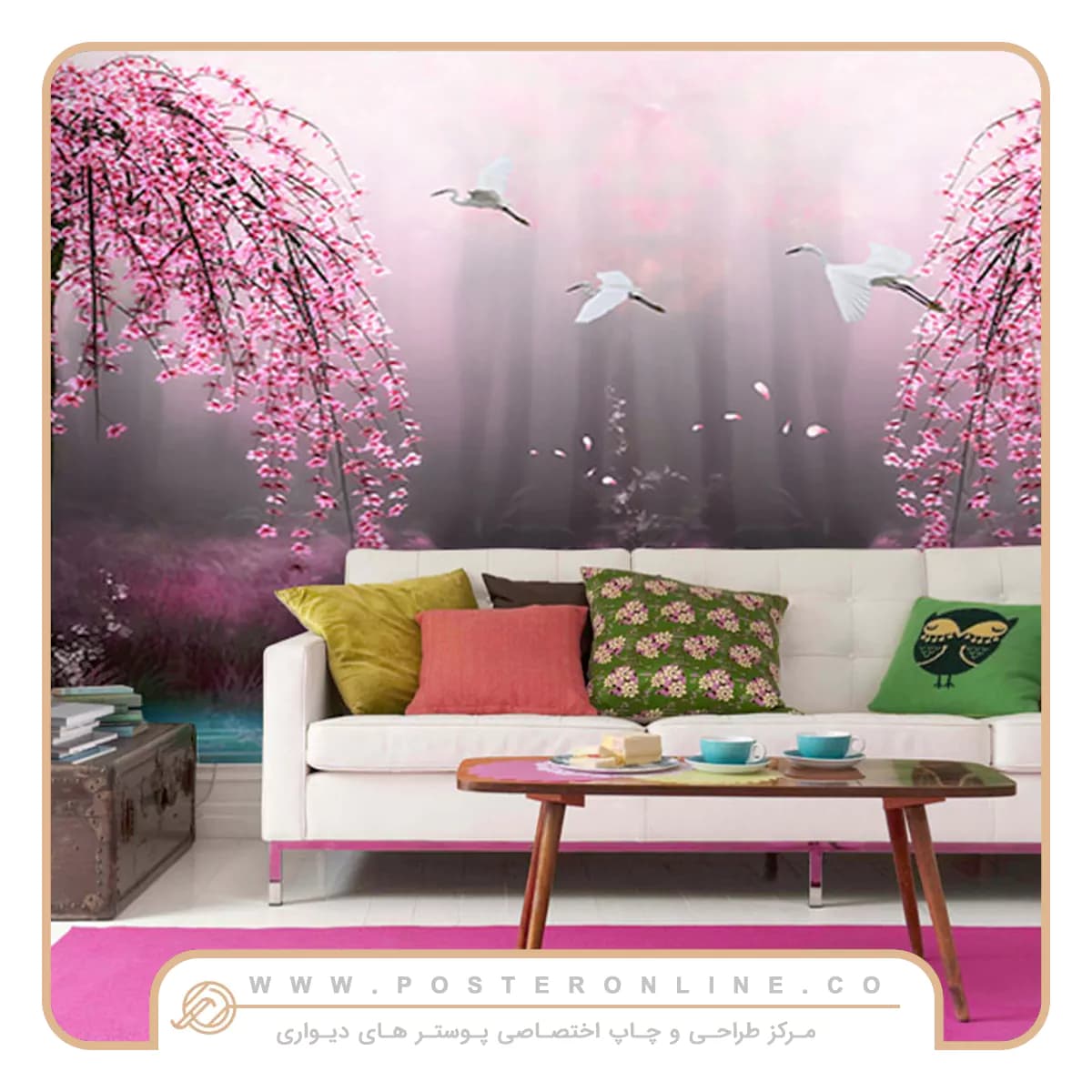 پوستر دیواری منظره درختان با شکوفه صورتی کد mt-82195