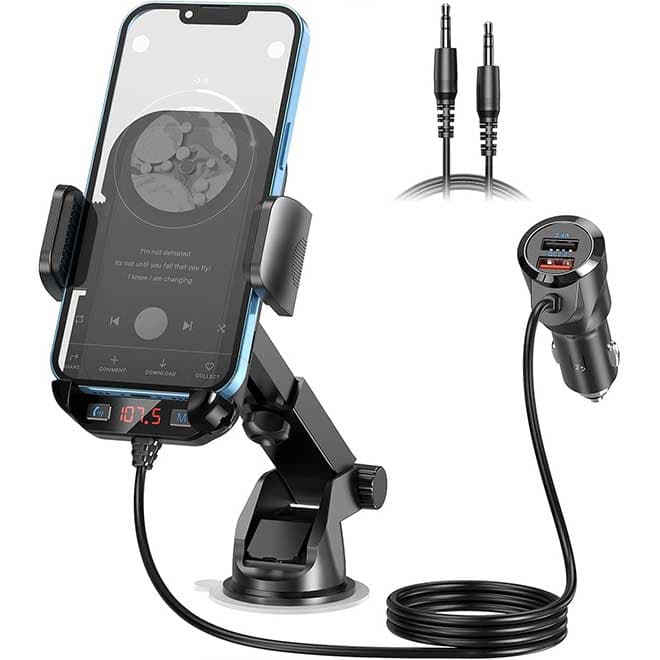 هولدر موبایل پخش کننده mp3 و شارژر فندکی ماشین فرستنده با دو پورت USB صدای HiFi پشتیبانی از تماس و چندین ورودی برای ایفون و اندروید FM Magift 5.3
