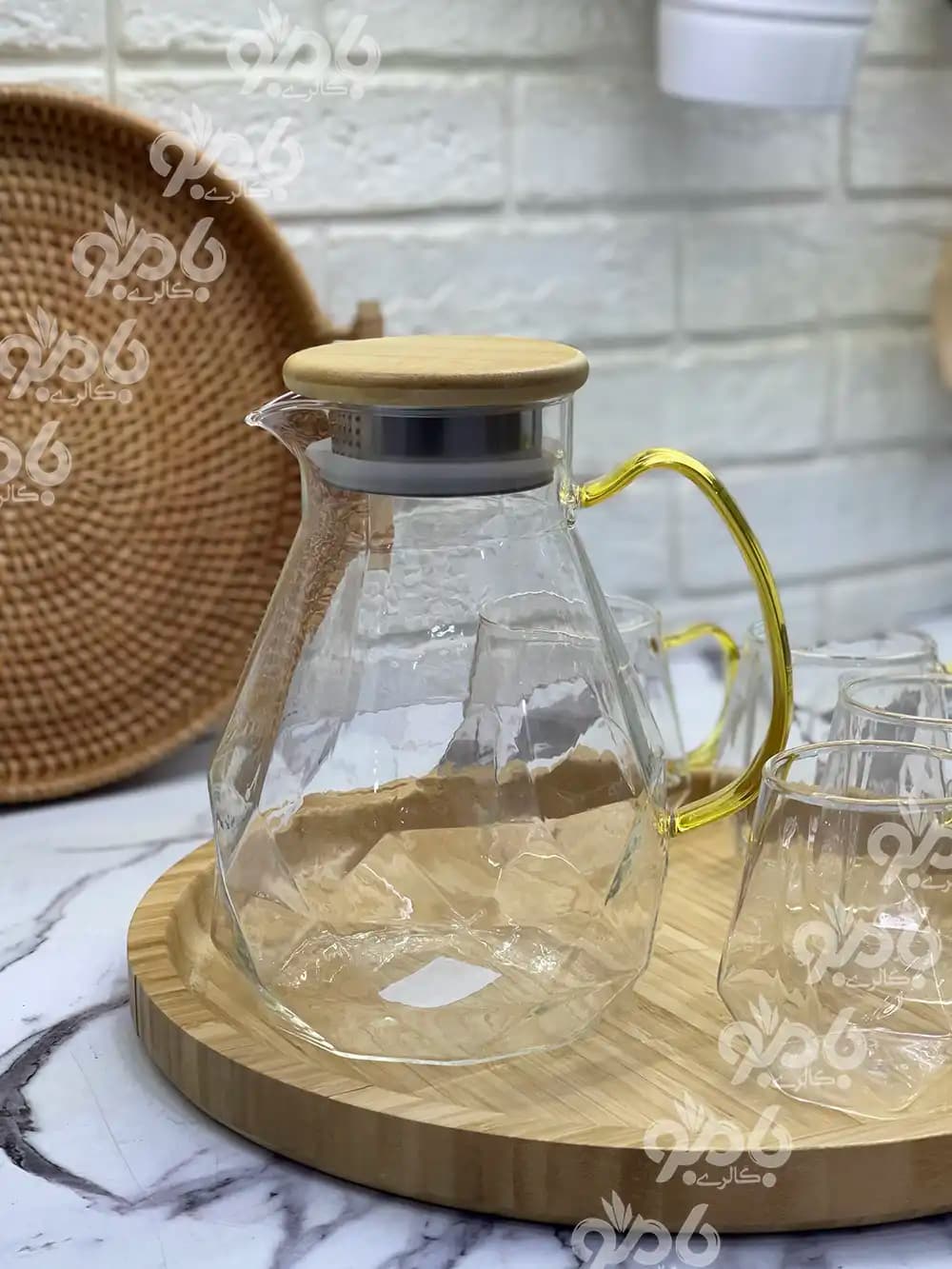 پارچ و لیوان پیرکس درب بامبو الماس — تصویر ۵