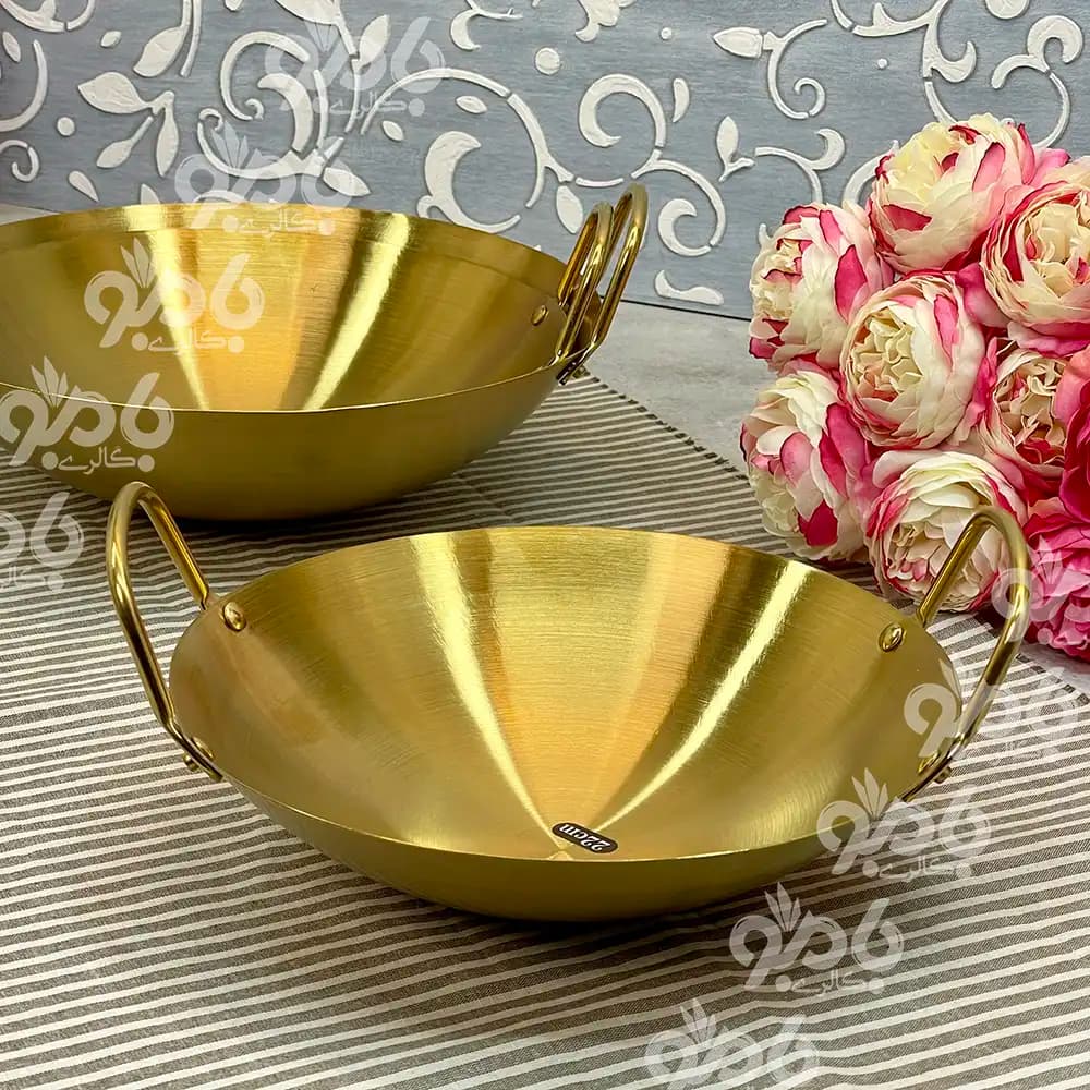 تابه ووک دو دسته استیل طلایی — تصویر ۲