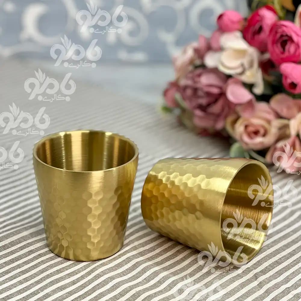لیوان دوجداره چکشی استیل طلایی — تصویر ۲