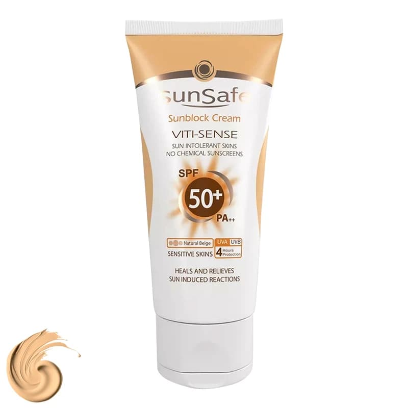 کرم ضد آفتاب رنگی سان سیف SPF50 مدل Viti-Sense بژ طبیعی محافظ UVA ،UVB و +++PA، ضد پیری، مناسب پوست حساس حجم 50 میلی‌لیتر