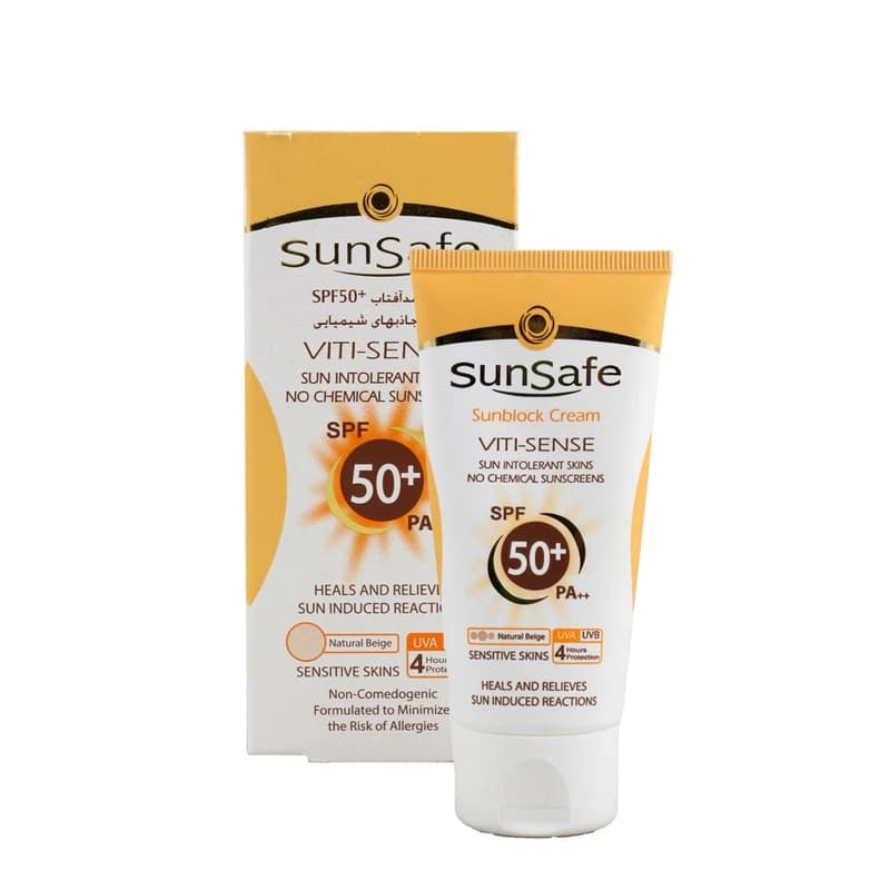 کرم ضد آفتاب رنگی سان سیف SPF50 مدل Viti-Sense بژ طبیعی محافظ UVA ،UVB و +++PA، ضد پیری، مناسب پوست حساس حجم 50 میلی‌لیتر — تصویر ۳