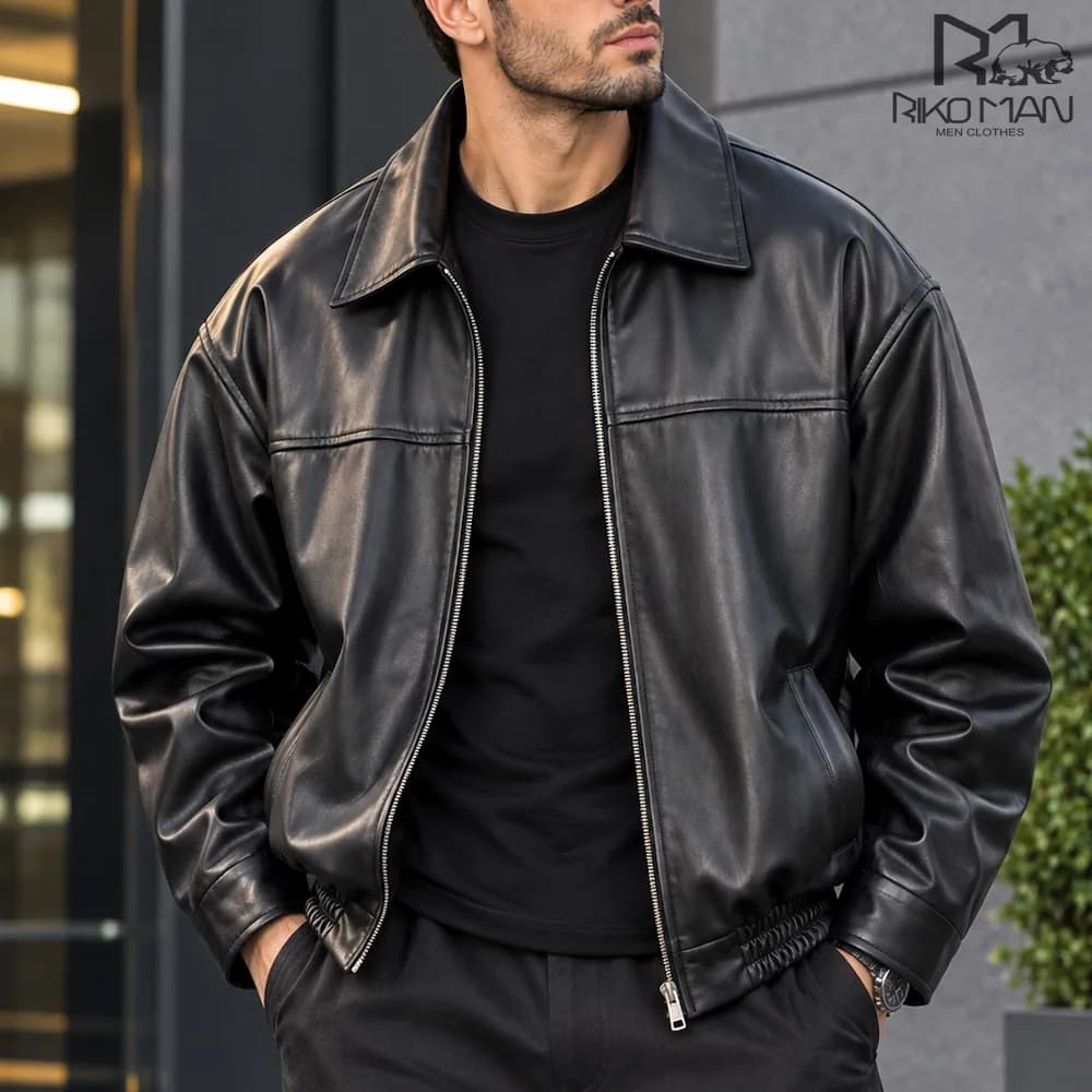 کاپشن چرم باکسی مردانه قواره دار برند ریکومن چرم صنعتی وارداتی کد ۴۴۹۹۳۲ — تصویر ۲