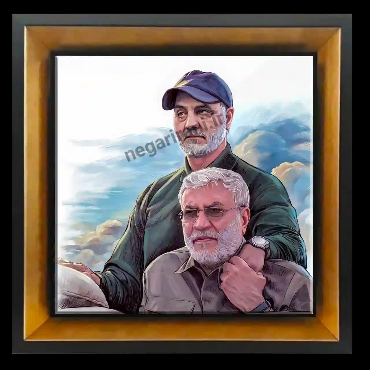تابلو کاشی نقاشی حاج قاسم و ابو مهدی مدل 2ZG35