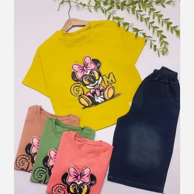 ست تیشرت و شلوارک جین دخترانه مرواریددوزی شده سایز 35 تا 50 — تصویر ۳