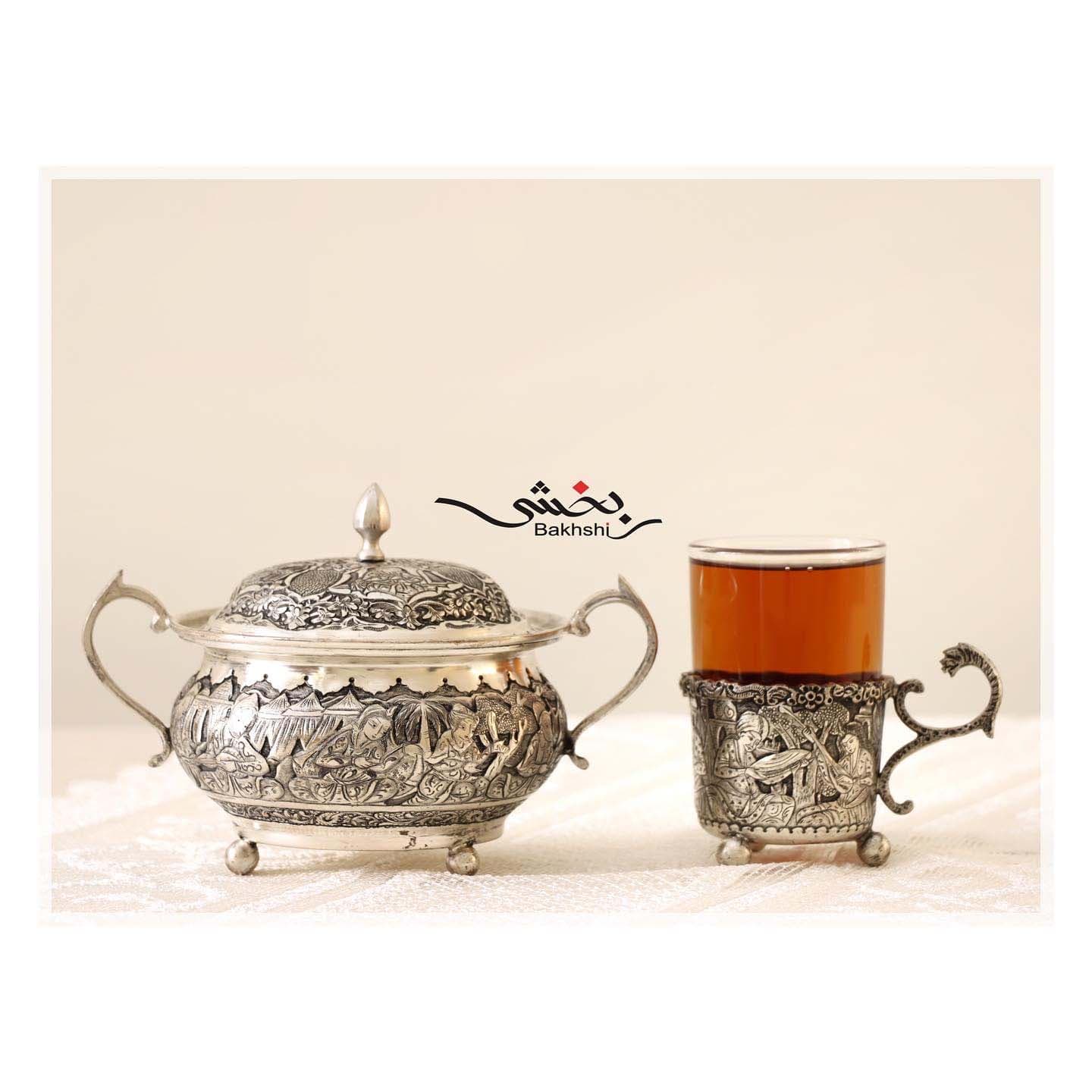 شش عدد انگاره چای خوری و قندان نقره قلم مینیاتور _ عیار 90% _ 865 گرم