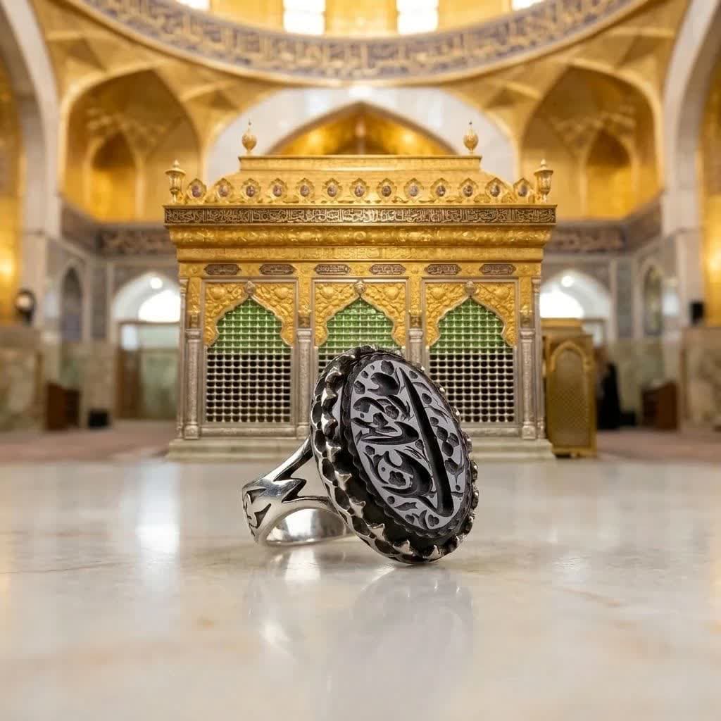 انگشتر آلیاژی عقیق مردانه مشکی با حکاکی یا علی مدد | جلوه‌ای از وقار و معنویت کد 5071