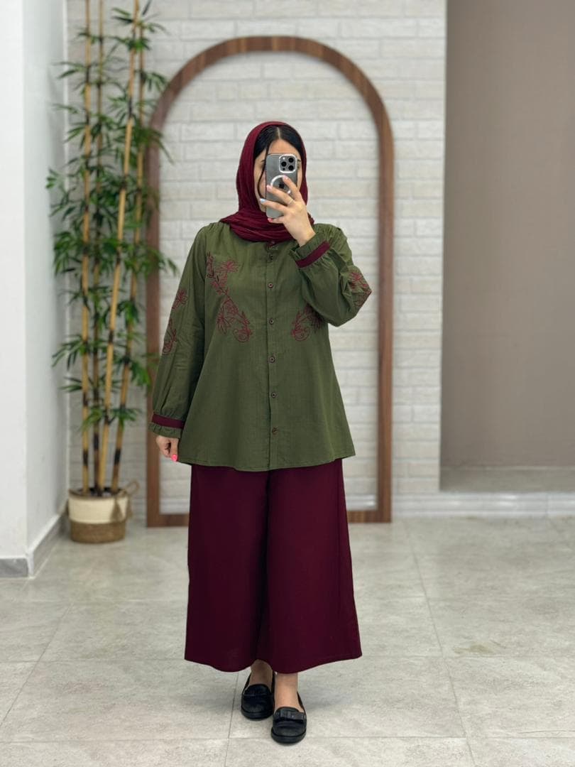 شومیز شلوار نسترن یشمی زرشکی — تصویر ۴