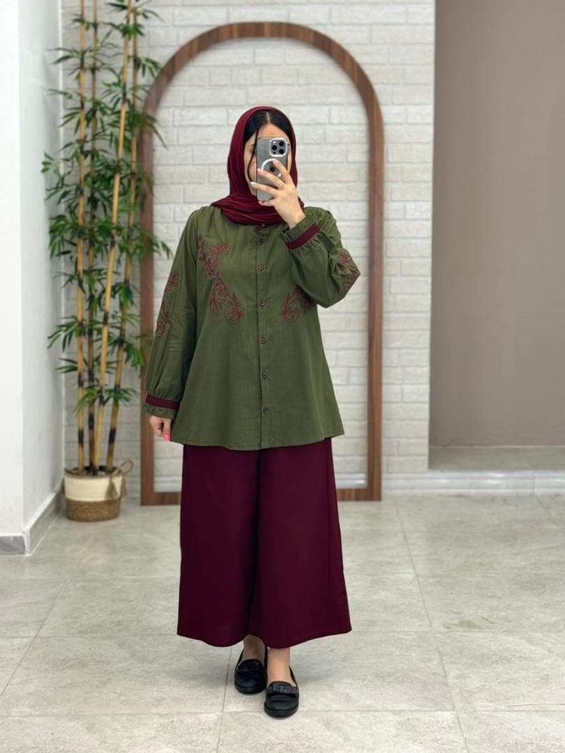 شومیز شلوار نسترن یشمی زرشکی