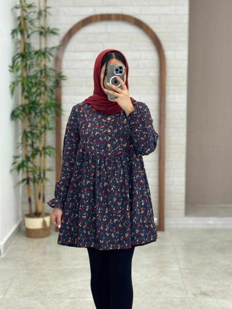 مانتو دلبر آبی نفتی گل قرمز