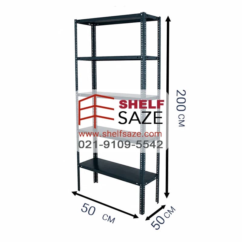 قفسه پیچ و مهره‌ای 5 طبقه سایز 50*50 ارتفاع 200 سانتی‌متر