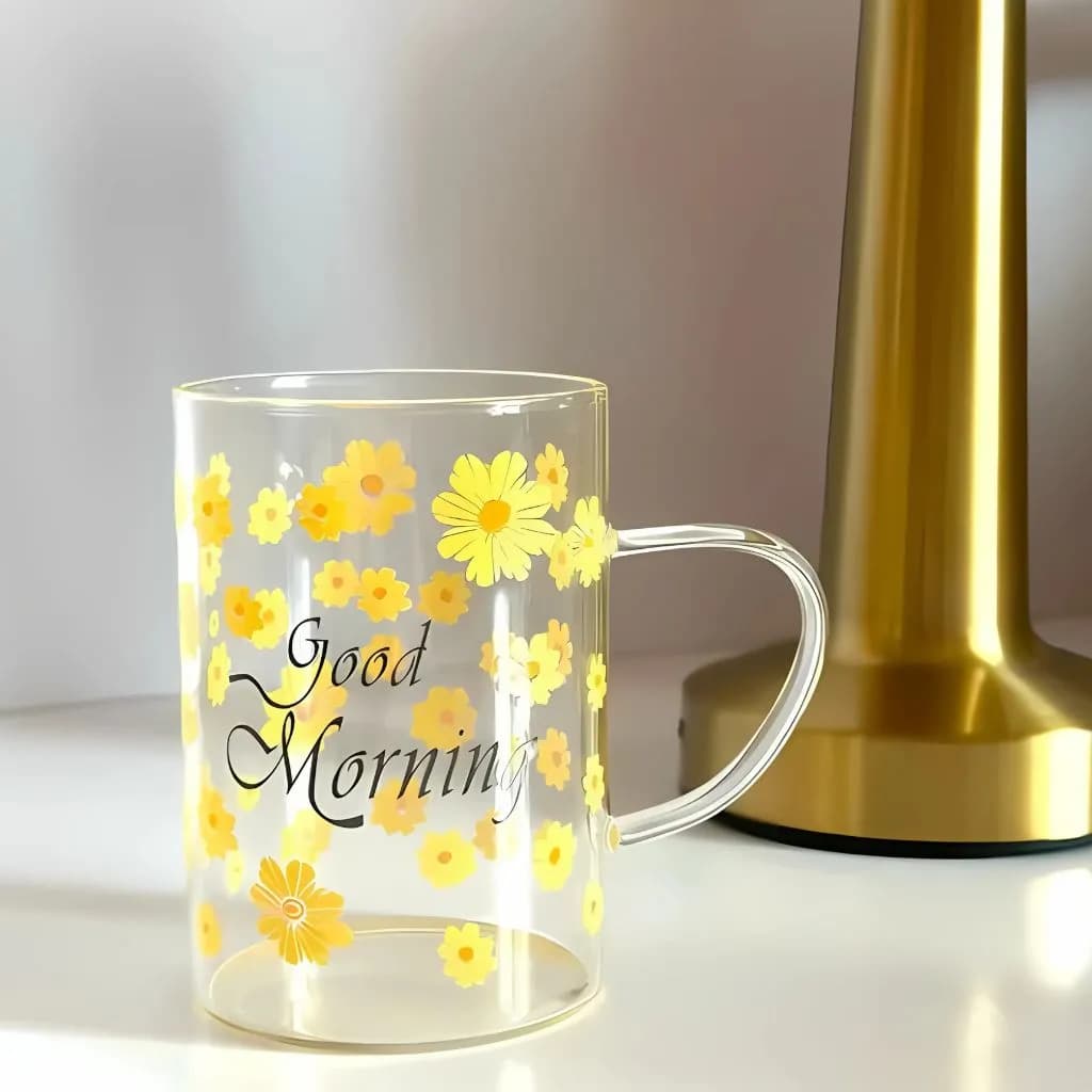 لیوان پیرکس مدل good morning طرح گل دسته رنگی کد m223 — تصویر ۳