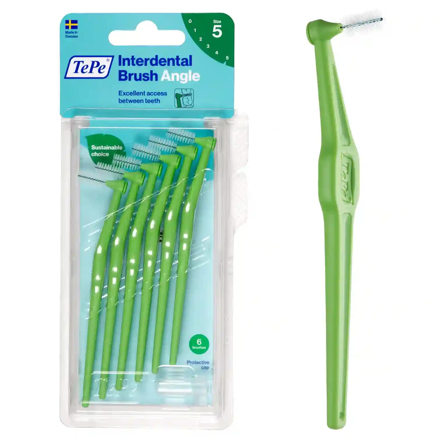 مسواک بین دندانی دسته دار تپه (TePe) مدل Angle سایز 5 (رنگ سبز) – بسته 6 عددی — تصویر ۲