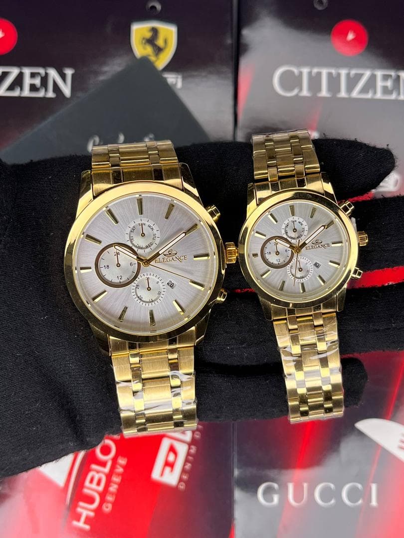 ست ساعت زنانه مردانه Elegance طلایی صفحه نقره ای | برند اصلی و ارسال فوری