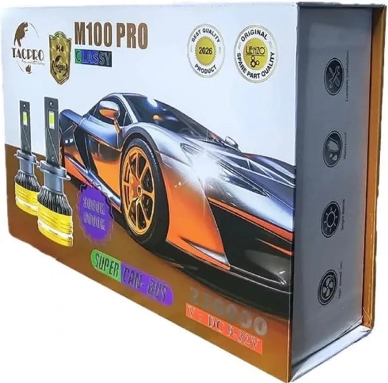 هدلایت پراید لنزو اورجینال M100 Pro پایه H7 زرد آفتابی فابریک بسته 2 عددی — تصویر ۴