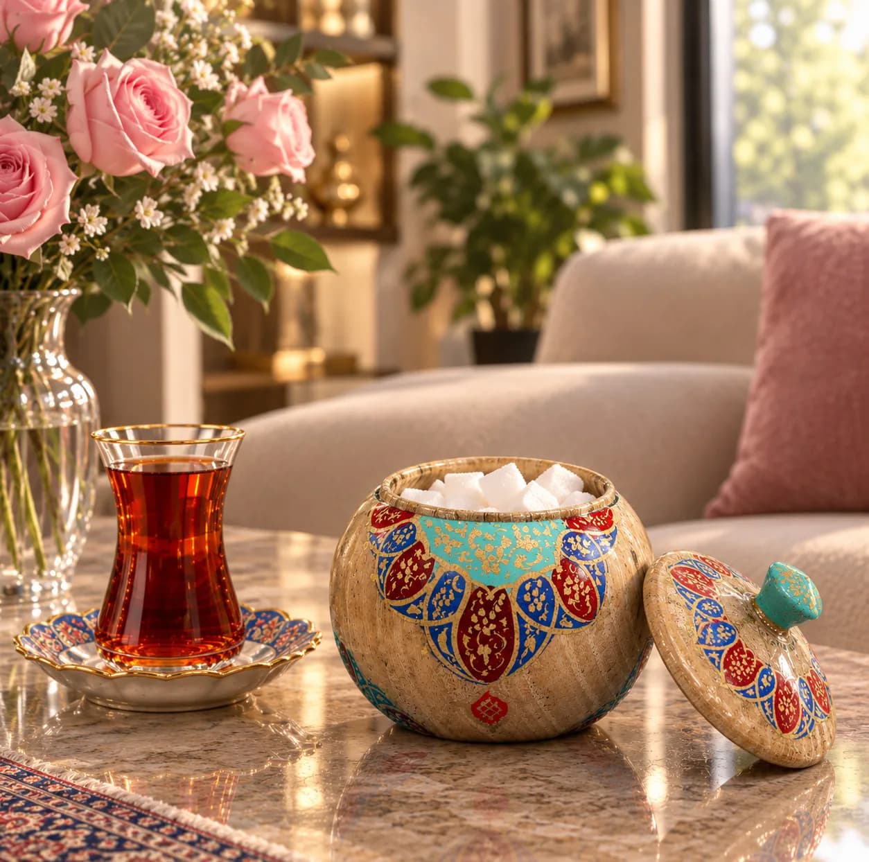 قندان چوبی صنایع دستی فاخر مدل نگارین طرح گل اسلیمی کد CrBe-SugarBowl9p8 — تصویر ۲
