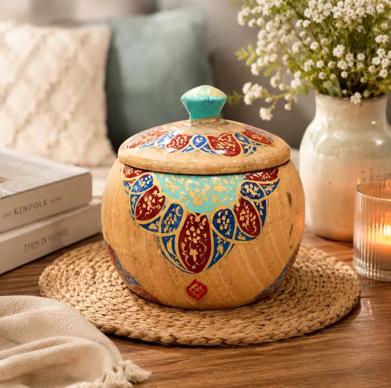 قندان چوبی صنایع دستی فاخر مدل نگارین طرح گل اسلیمی کد CrBe-SugarBowl9p8 — تصویر ۷