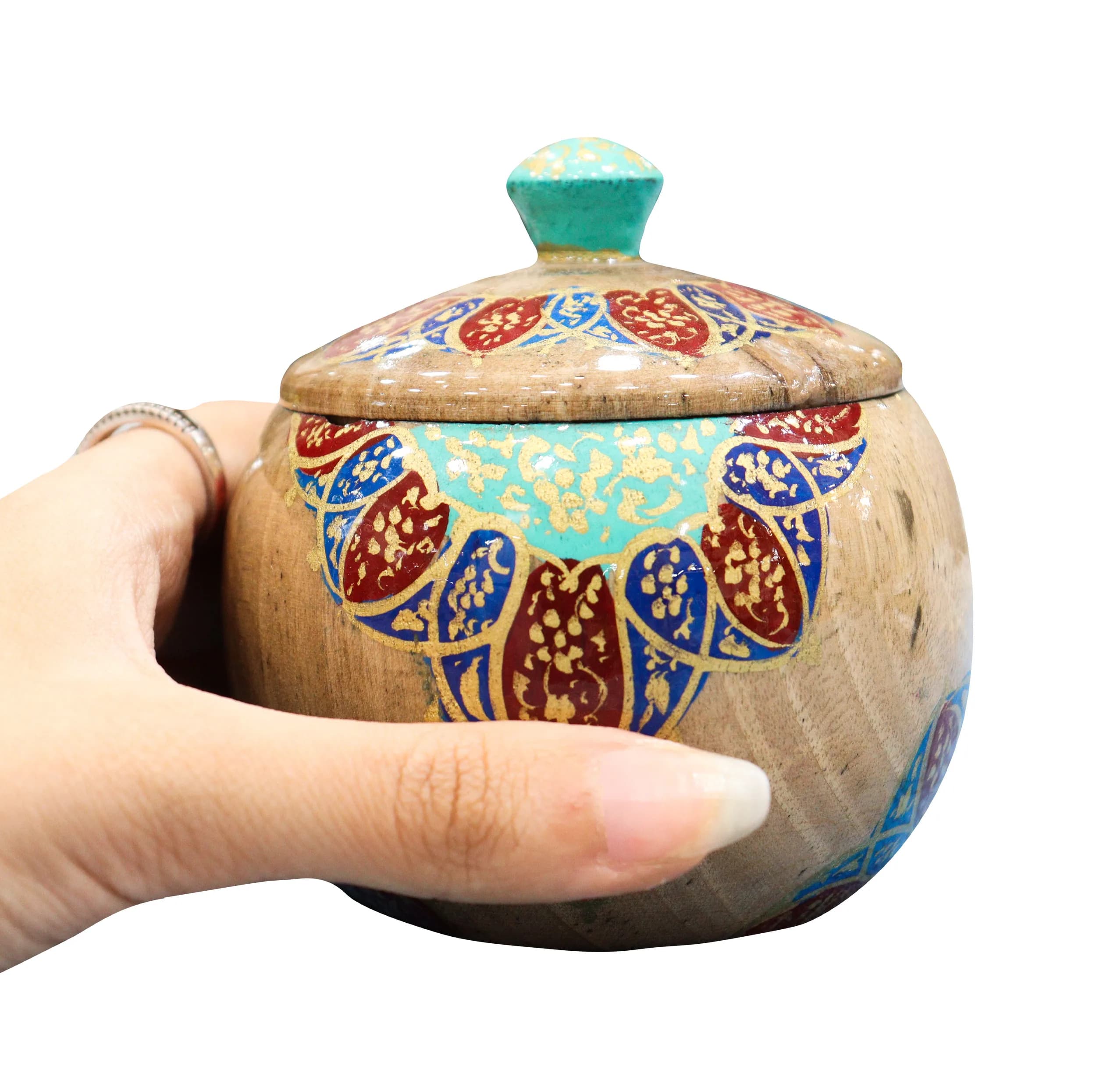 قندان چوبی صنایع دستی فاخر مدل نگارین طرح گل اسلیمی کد CrBe-SugarBowl9p8 — تصویر ۸