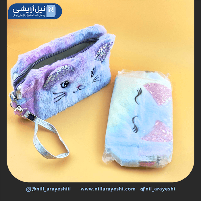 کیف آرایشی پشمالو طرح گربه گوش دار پولکی