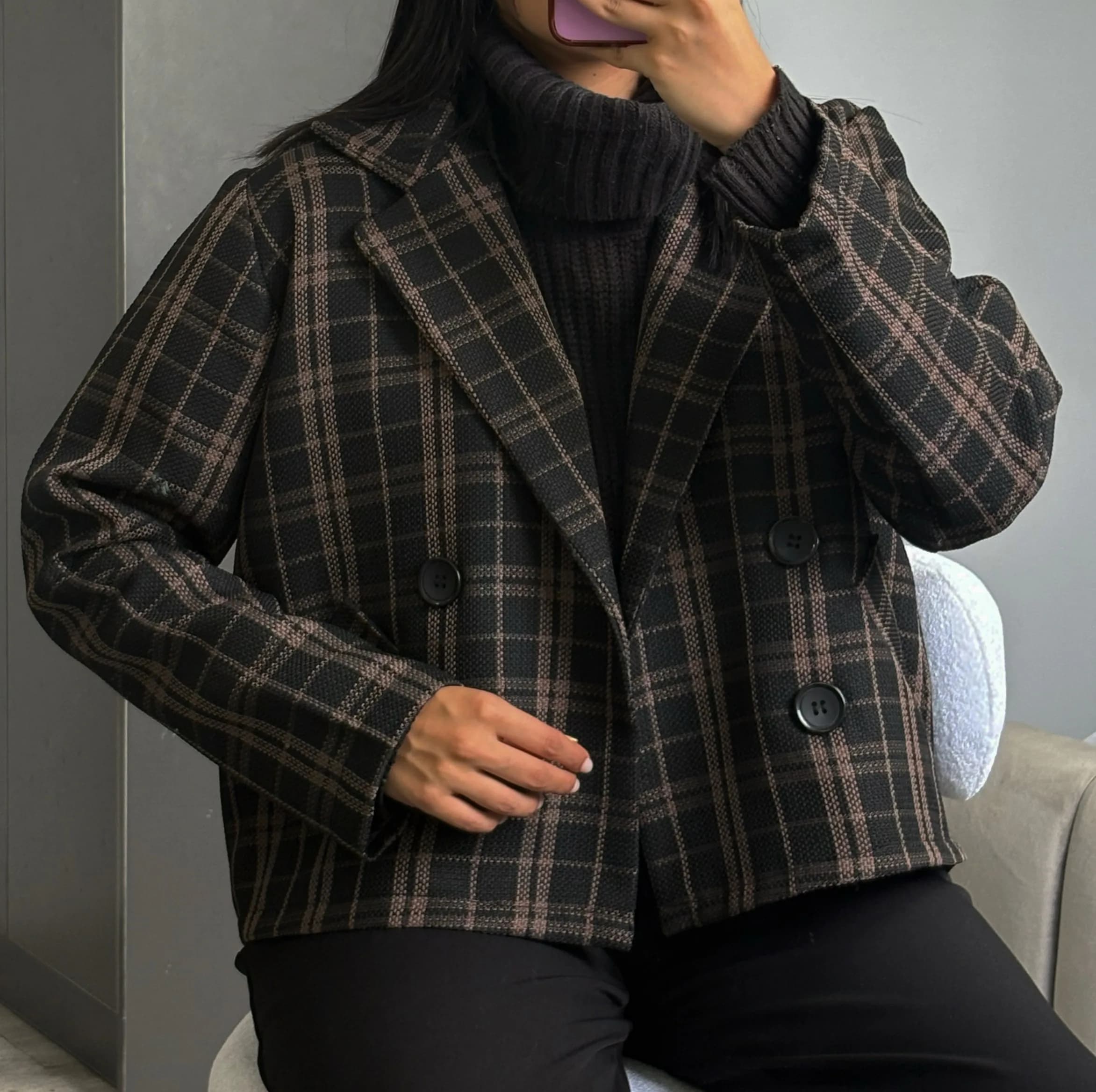 پالتو کوتاه زنانه طرح چهارخانه آستردار مدل ماهرخ — تصویر ۳