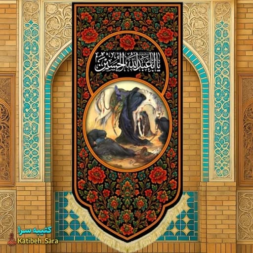 کتیبه مخمل آویز یا اباعبدالله الحسین همراه نقاشی عصر عاشورا