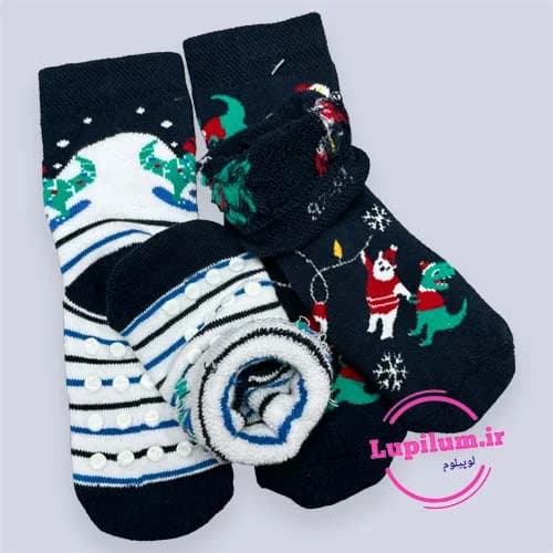 ست جوراب بچه گانه تو کرکی کریسمسی سرمه‌ای — تصویر ۲