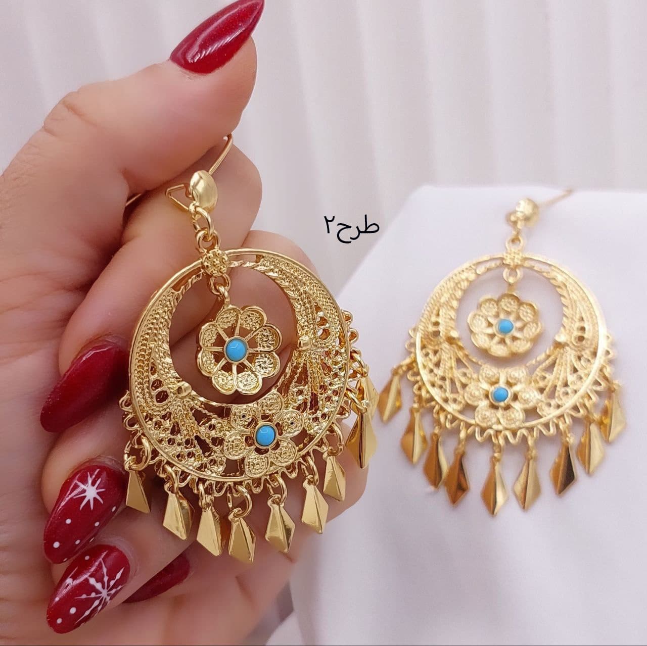 گوشواره آویز بحرینی طرح طلا جدی — تصویر ۲