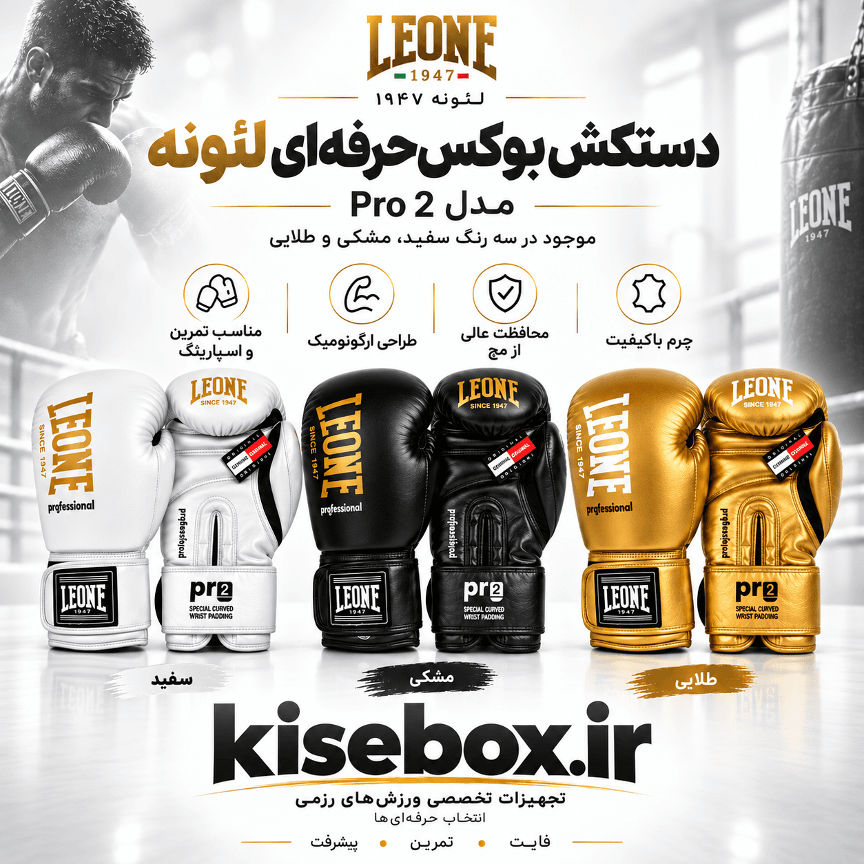 دستکش بوکس چرم حرفه‌ای Leone مدل PR2 — تصویر ۲