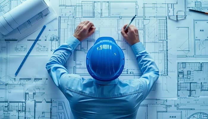 تصویر نمای بالا مهندس معمار یا آرشیتکت در حال بررسی نقشه