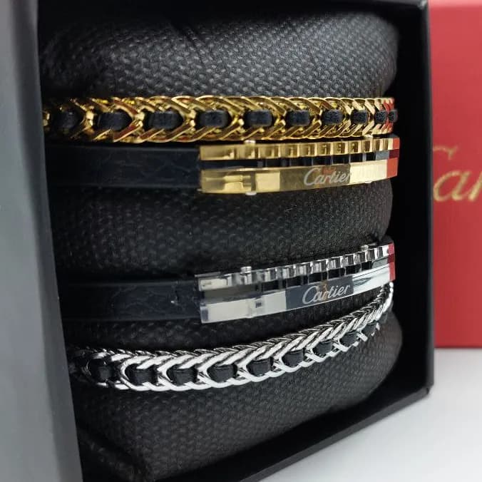 دستبند چرمی کارتیر cartier مردانه دولاین قفل مگنتی کلاسیک رنگ طلایی – نقره ای کد zmp 9583154