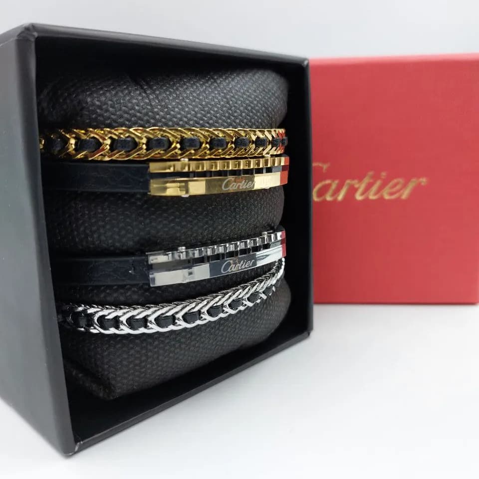 دستبند چرمی کارتیر cartier مردانه دولاین قفل مگنتی کلاسیک رنگ طلایی – نقره ای کد zmp 9583154 — تصویر ۲
