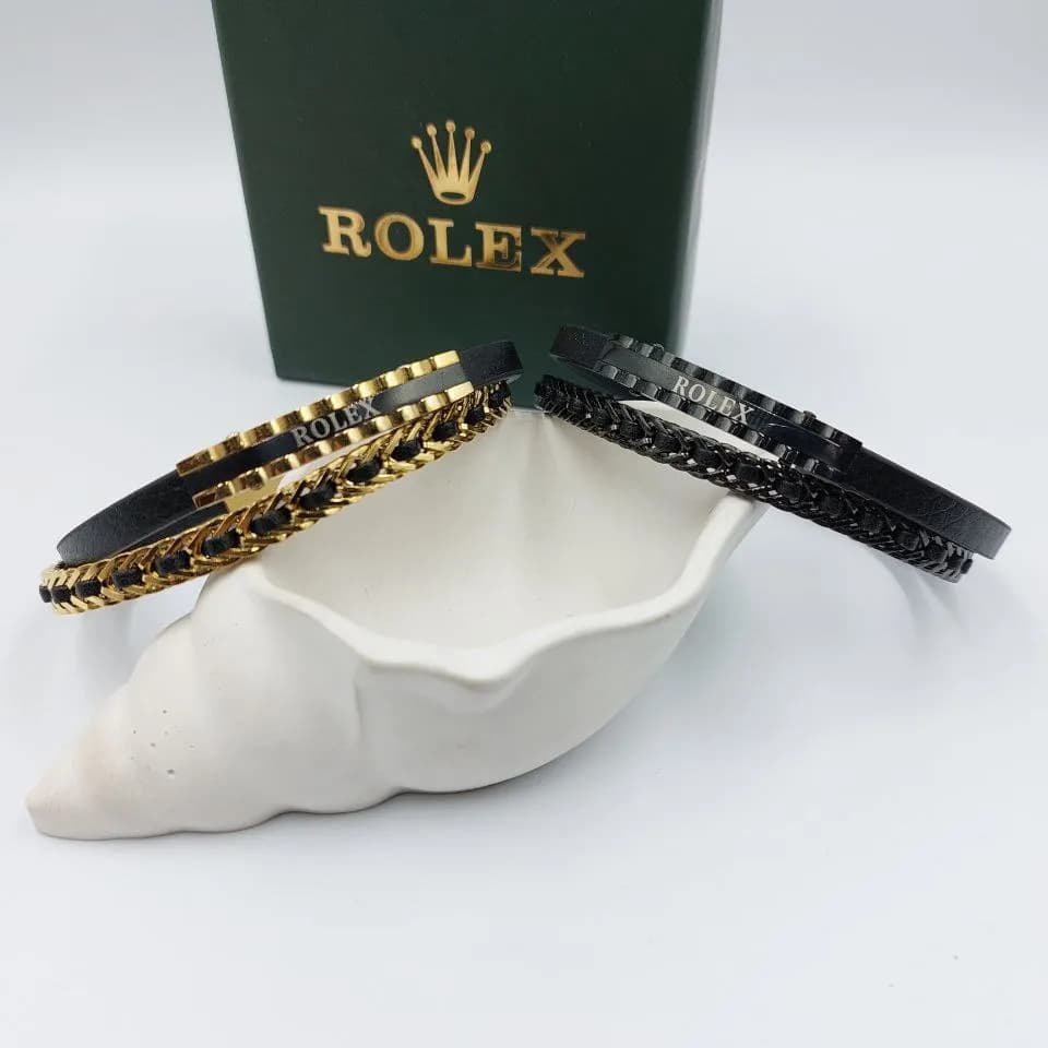 دستبند چرمی رولکس rolex مردانه قفل مگنتی کلاسیک رنگ طلایی و مشکی کد zmp 9583150