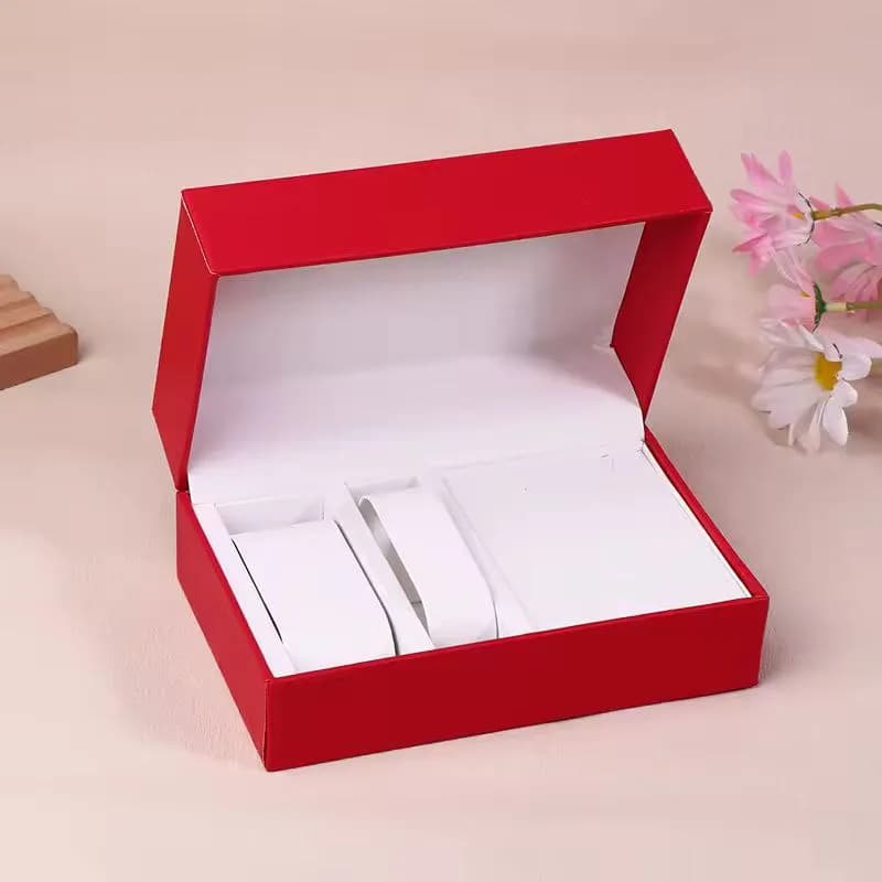 جعبه ی ست چرمی مناسب نگهداری نیم ست ، دستبند و ساعت در رنگ بندی مشکی قرمز نارنجی کد zmp552 — تصویر ۵