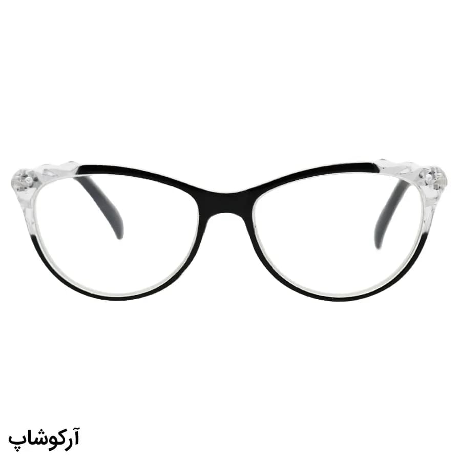 عینک مطالعه نزدیک بین نمره +3.00 با فریم رنگ مشکی، شکل چشم گربه‌ای و دسته فنردار مدل FB9155 — تصویر ۲